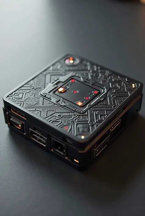 "Design a detailed Raspberry Pi case with futuristic, intricate patterns and textures. The case should have a sleek and modern look with fine engraving, including abstract geometric shapes, small LED indicator patterns, and a layered structure with cut-out...