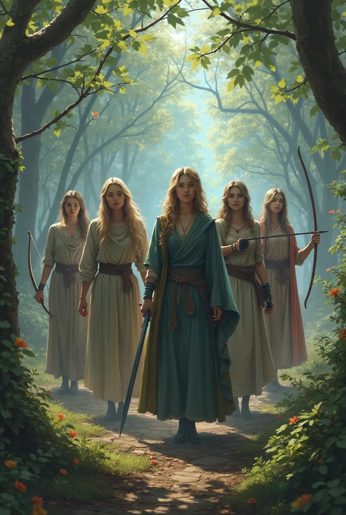 5 adult women, the first one with a bow and arrow, the second one with a sword, the third with a shield covering everyone, fourth with magic balls in hand, fifth with big fists, they're all in a magical forest in the midst of a battle