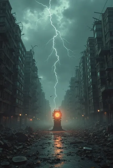 A cloudy morning, a ruined city street, a mysterious glowing device. The atmosphere is tense. Dark storm clouds loom overhead, and the air crackles with unknown energy.