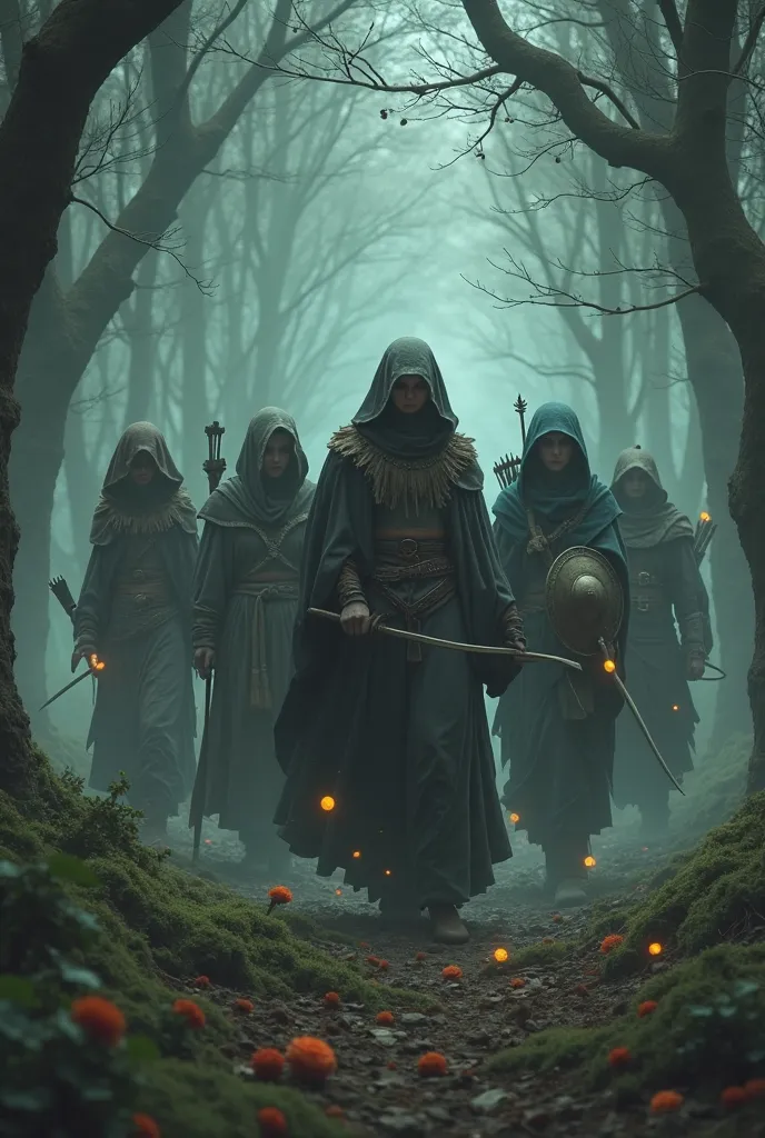 5 adult women, the first one with a bow and arrow, the second one with a sword, the third one with a shield covering everyone, fourth with magic balls in hand, fifth with big fists, they are all in a dark, gloomy magic forest in the midst of a battle