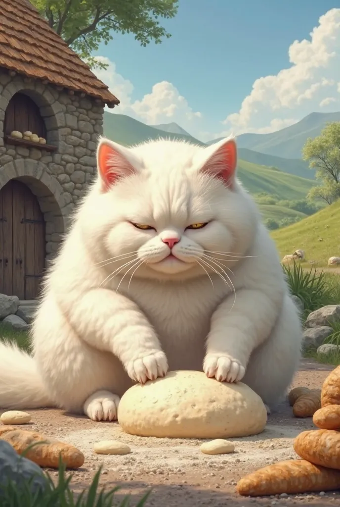 A big fat white cat, full of thick fur, is kneading flour in a beautiful place outside, pressing it with a stone machine.