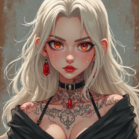 a female anime character with long platinum hair,  with a strong personality,  dark eyebrows, wearing light makeup and with red lipstick, with neck and neck tattoos 