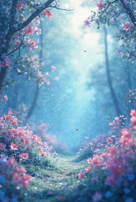 more cute nature with blue pink colors, without animals 