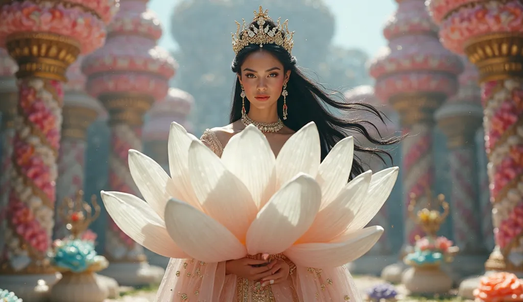 A black-haired queen in her candy castle with a beautiful and very large white lotus flower in her hand