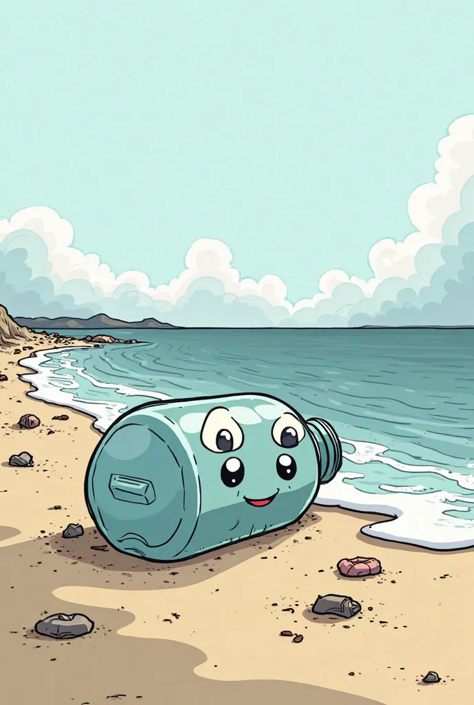 A comic-style illustration of a plastic bottle lying on a beach, half-buried in the sand, with waves gently washing over it. The bottle has large, expressive cartoon eyes and a face with a contemplative expression, as if wondering about its fate. The bottl...