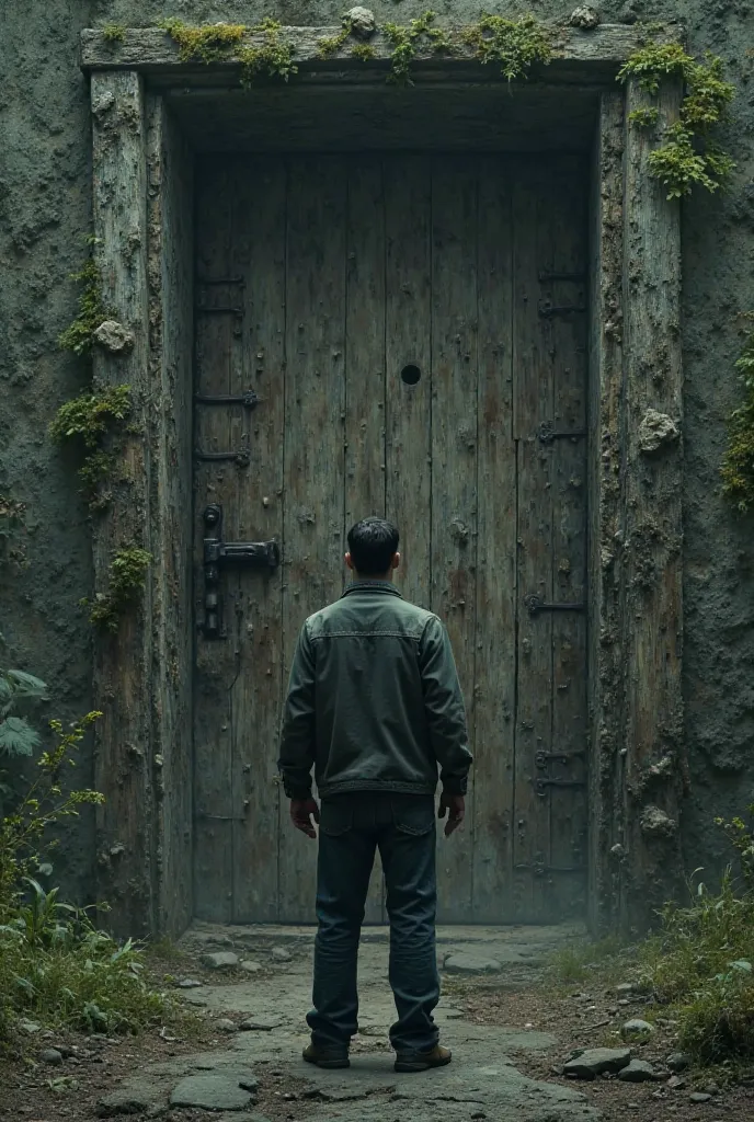 A man stands frozen in fear in front of an ancient, rotting door that has