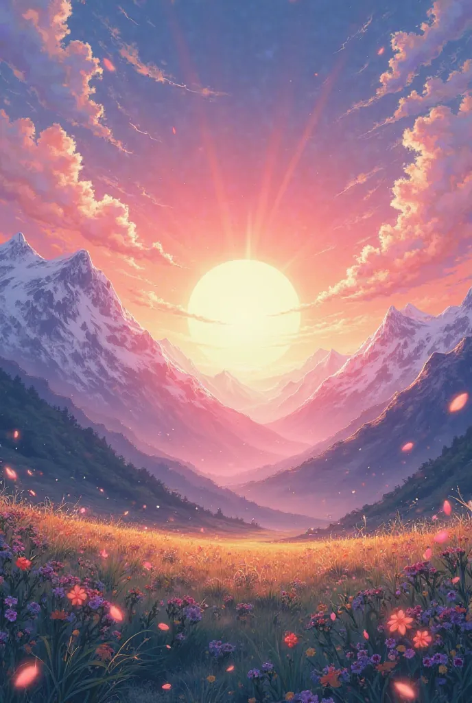 Magical plain landscape in beautiful anime with mountains and a setting sun 
