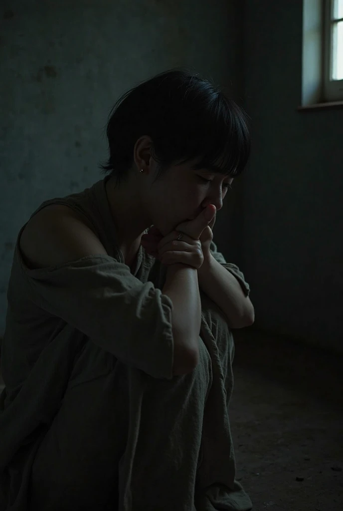 Scene of a person sitting alone in a gloomy and melancholic environment, with their hands on their face, clearly in suffering. The person has dark hair and is wearing simple clothes, with an expression of deep sadness and pain. Tears are running down their...