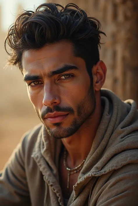 A picture of a 25-year-old young man with sharp features in the Arabic bass