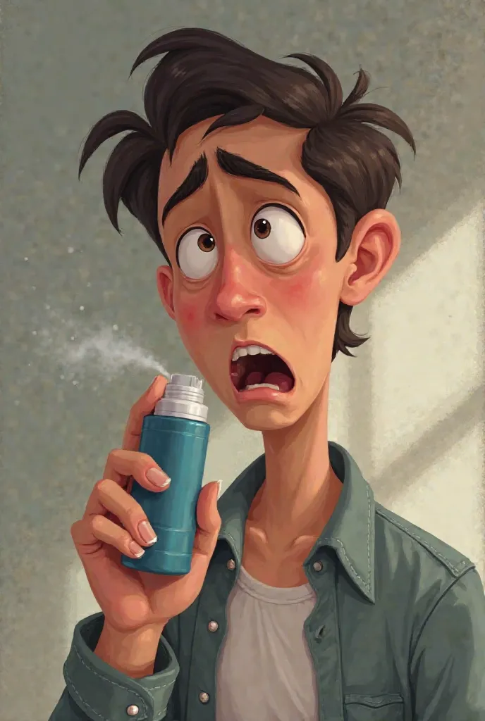 A person using the inhaler incorrectly, spraying it on the neck and not in the mouth.