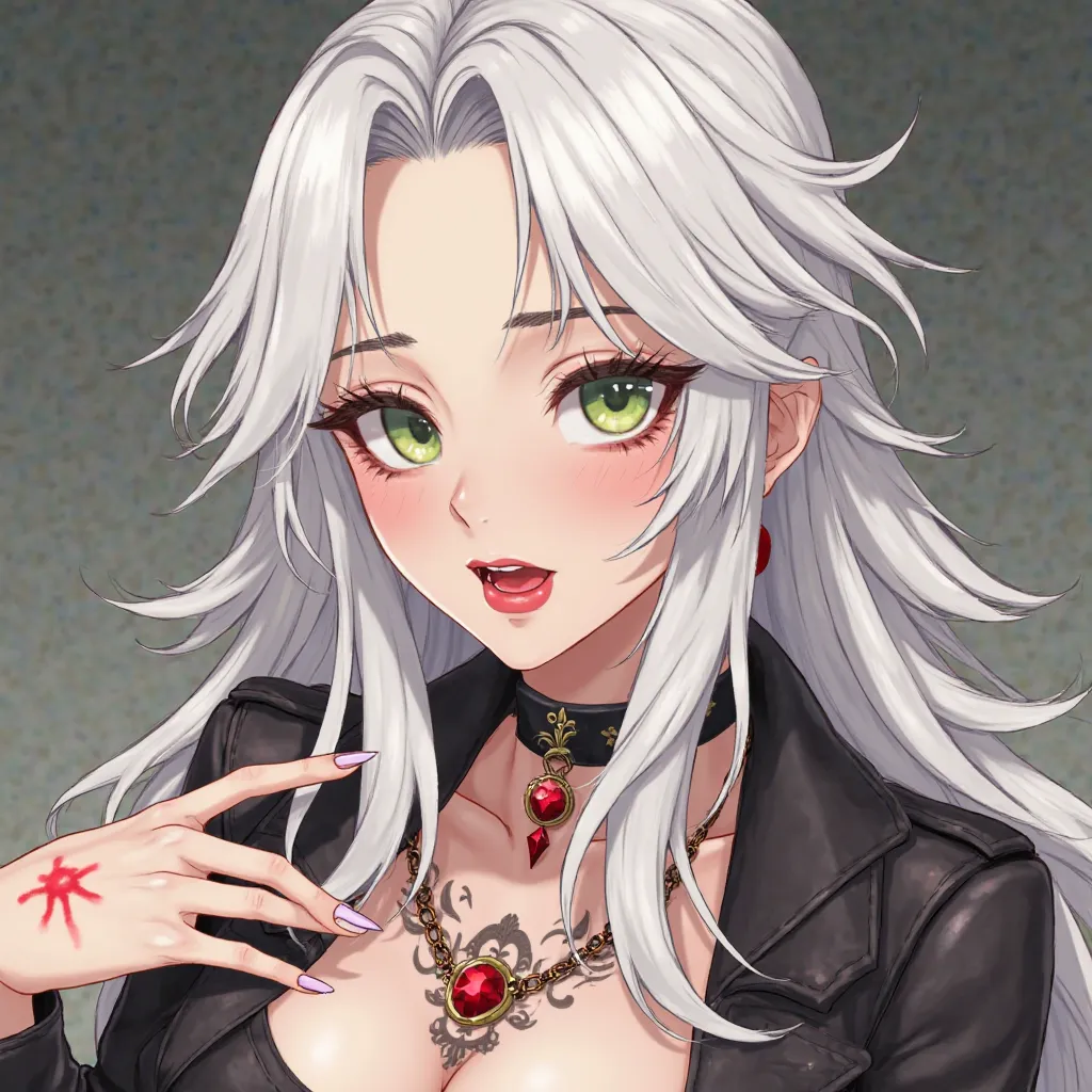 a female anime character with long, white platinum hair, very light green eyes,  dark eyebrows, wearing light makeup and with red lipstick, with some tattoos on the chest, With the pose of a femme fatale, 