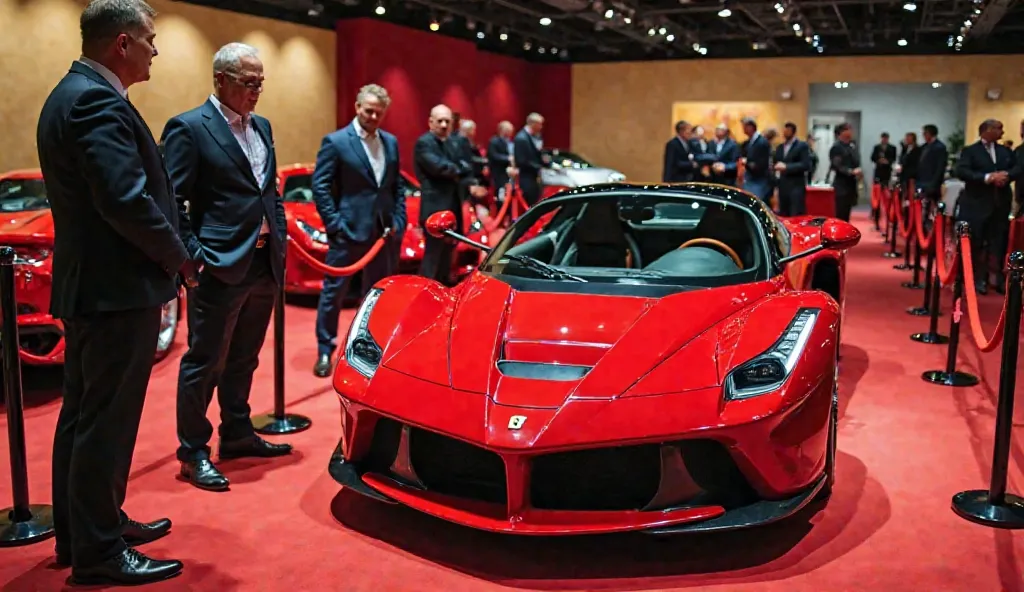 "A Ferrari showroom with elite customers admiring the latest models. A red Ferrari LaFerrari with velvet ropes around it, a salesman in a suit talking to a wealthy buyer. A sense of exclusivity, luxury, and prestige."