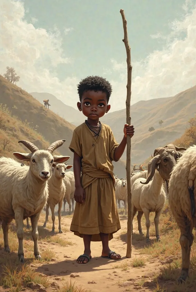 Little black boy named abdi lives rural Area  he is protecting sheep and Gots from fox or animal