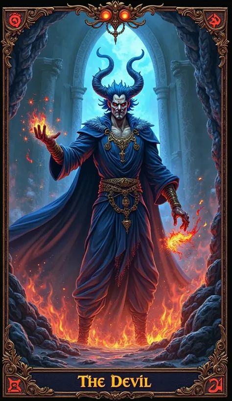 Create a semi-realistic, cartoon style, character design, super detailed, fantasy-inspired with high attention to detail of A powerful and charismatic depiction of Hades from the movie Hercules, reimagined as The Devil tarot card. He stands tall, his fiery...