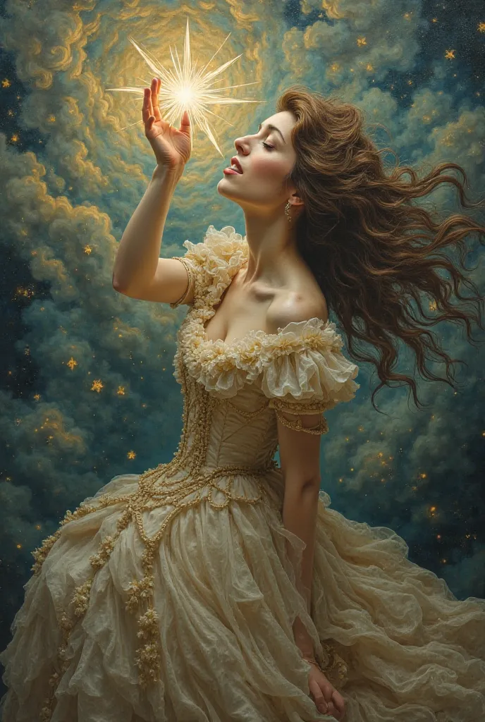 Surreal intricate painting of a victorian woman eating a star, curled clouds on the background. Daniel merriam style,  nicoletta ceccoli style.  