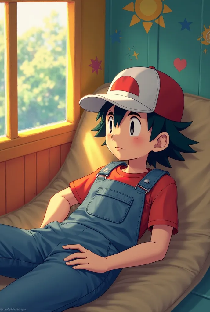 Ash Ketchum relaxing in his overalls in colorful playhouse