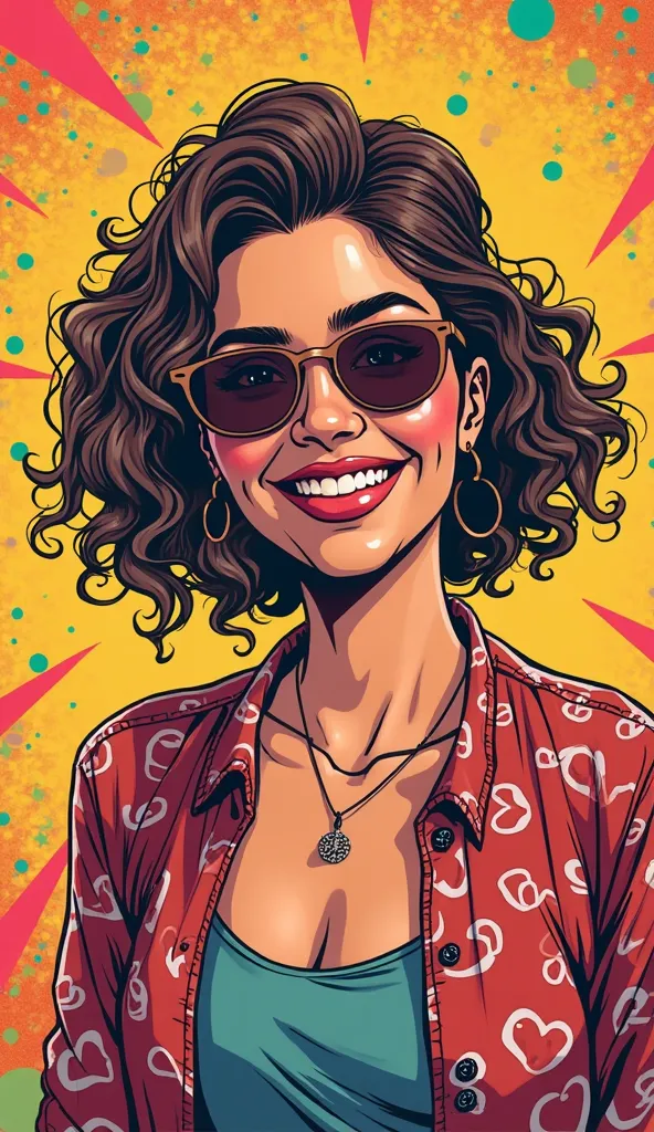 A comic book style illustration of an adult American woman, Happy with sunglasses.