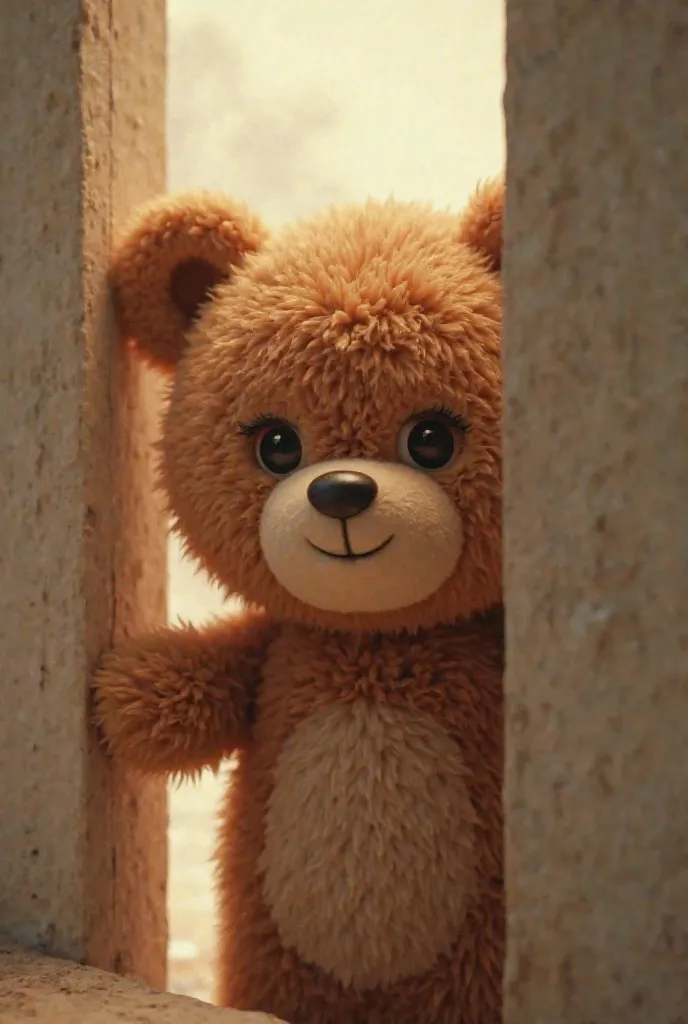 Brown teddy bear is standing watching me but half his body is behind the slightly visible wall and the other half I can see. 