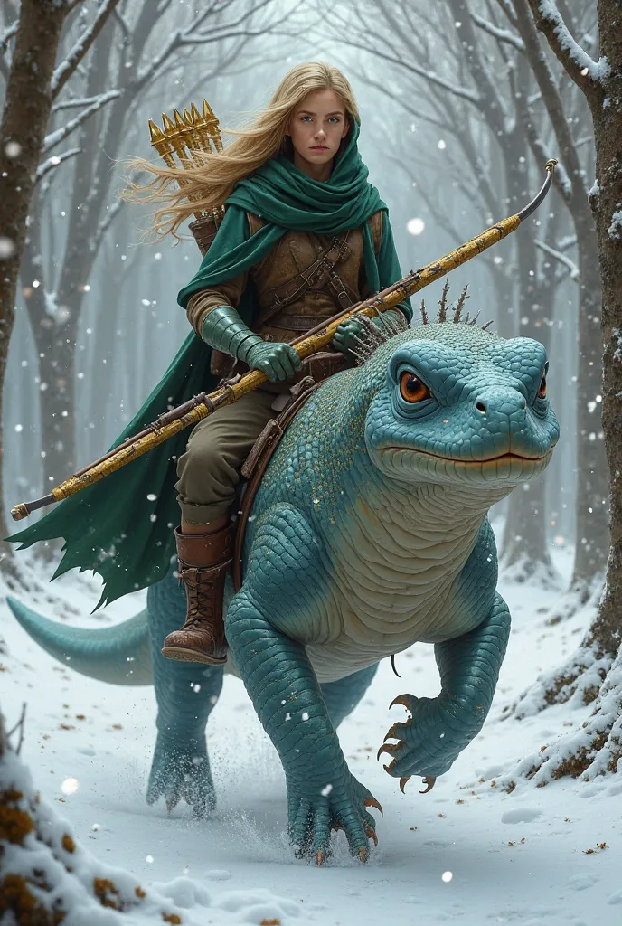 Ranger with fair complexion and blonde hair wearing a green cape and hood with a quiver of arrows on his back and a golden bow in his hand 
Riding a wide-faced blue-tone Gecko 
In a snowy forest landscape 