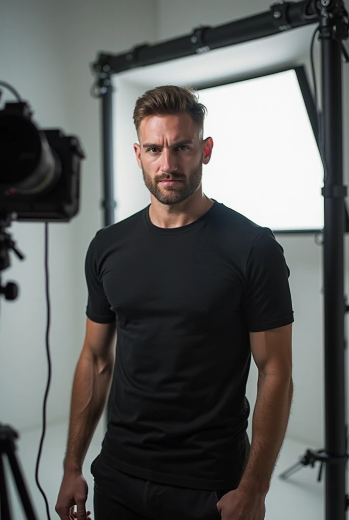 A 25-year-old white man wearing a dry-fit black t-shirt, exhibiting a professional and serious posture. The scene takes place in a photography studio with dramatic high-contrast lighting, emphasizing the face and body. The lighting setup creates sharp cont...