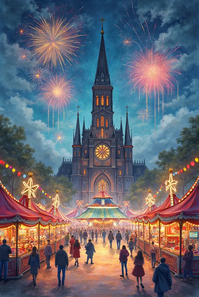 A fireworks fair with a church in the background with a black stone structure like a calvary and in front of it stands of fairs, parties and mechanical games in watercolor. 