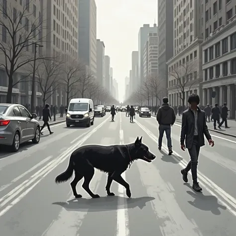  Description : The black dog walks alone on a busy city street. People rush by, some look away, others cross the road to avoid him. He has a slightly lowered tail, expressing hope mixed with fear.

Environment: Gray street, tall buildings, cars passing by,...