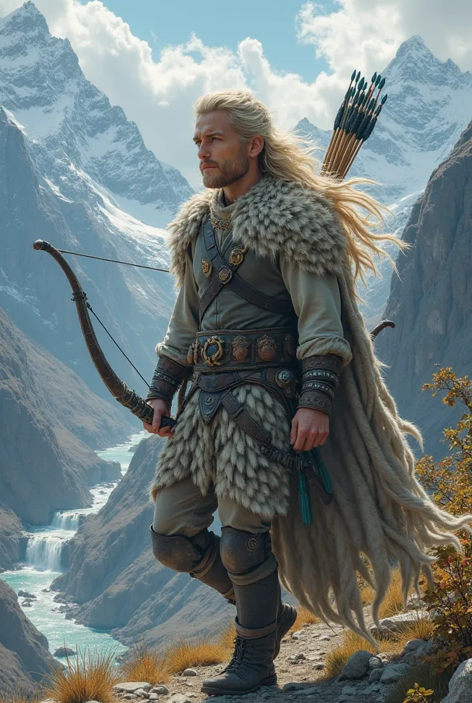 Valkyrie Freyja, long blond hair, blue eyes, sexy, Nordic fantasy , He carries a bow in his hand with a cartridge of arrows on his back, walking through large Himalayan gorges,  great detail, masterpiece, Bella,  very beautiful