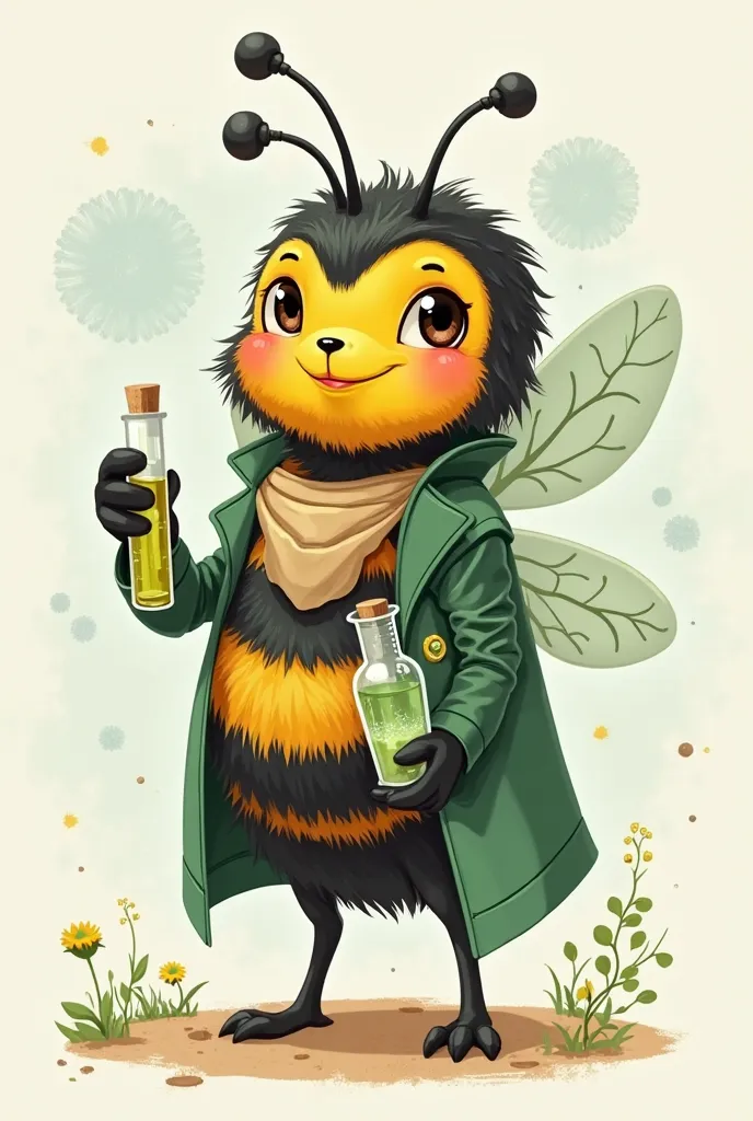 Draw cute hero green black bee interested in science in bib with test tubes in hand