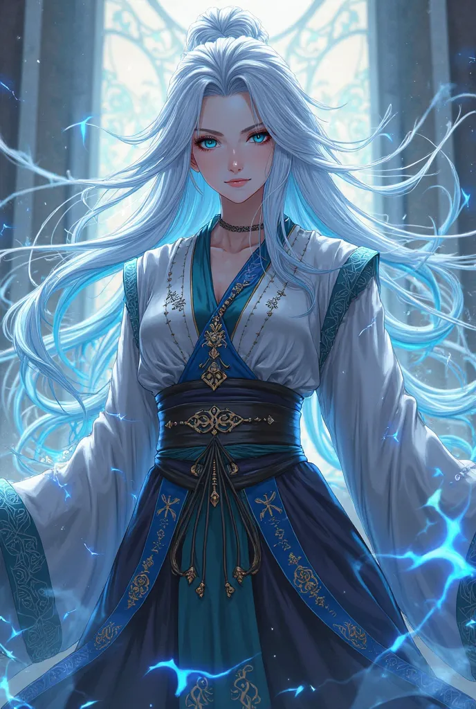 Create an image of a white-haired woman with a cyan tip wearing a Hashiras outfit from Deon Slayer knowing what her breath is Eclipse anime version

