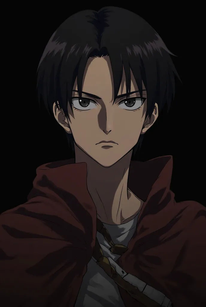 Create a high-quality anime-style profile picture of Levi Ackerman from Attack on Titan. The background should be solid black. Levi’s face should be serious and intimidating, with sharp eyes and his iconic short, dark hair. The art style should be clean an...