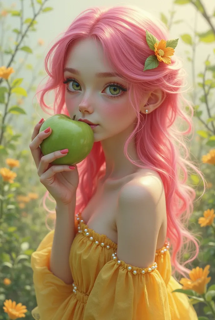 I want a green apple to eat with pink hair and wear a yellow dress decorated with pearls