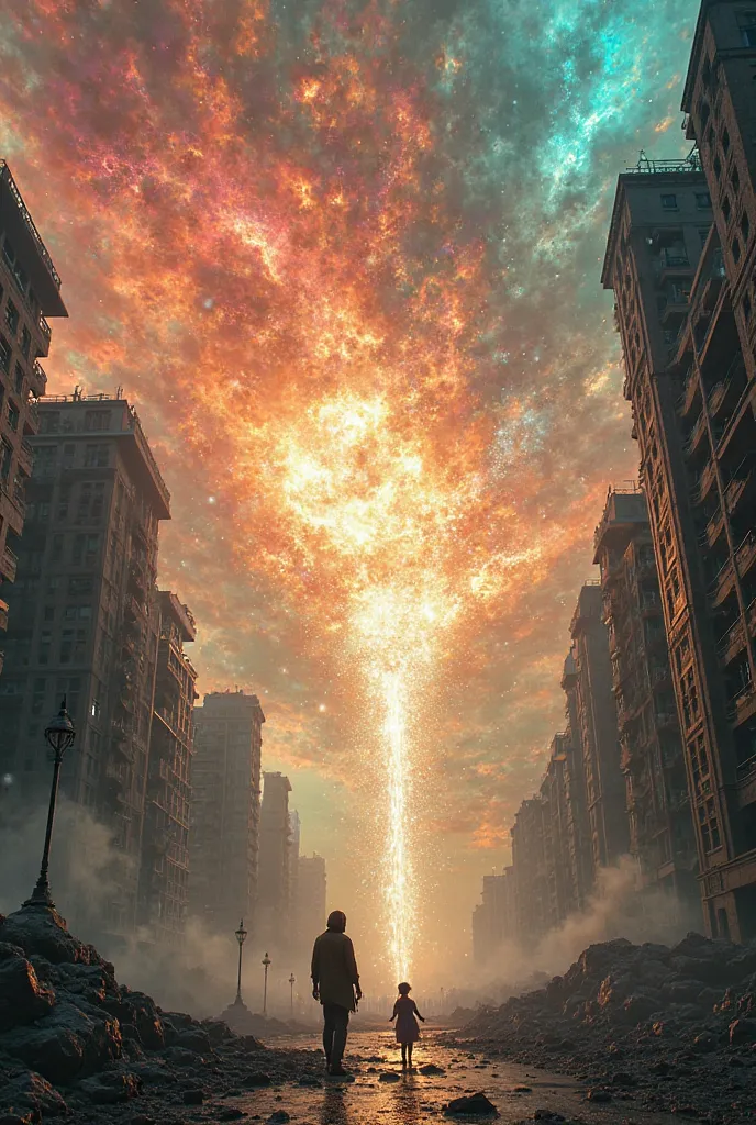 A massive explosion of swirling, multicolored energy tearing through the scene. The environment is distorted, with buildings and objects stretching unnaturally as they are pulled toward a vortex of light. Fragments of different dimensions appear within the...