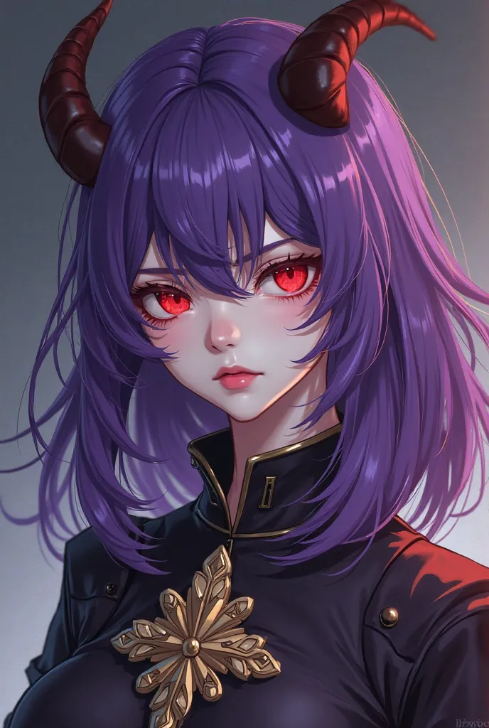 ((Top Quality )), ((masterpiece)), ( Details) beauties, Age 25, purple medium hair, Red Eyes,  long bangs, Demon Horn, Cold-Hearted Eyes ,  Noble Attire,  Height: 160cm  