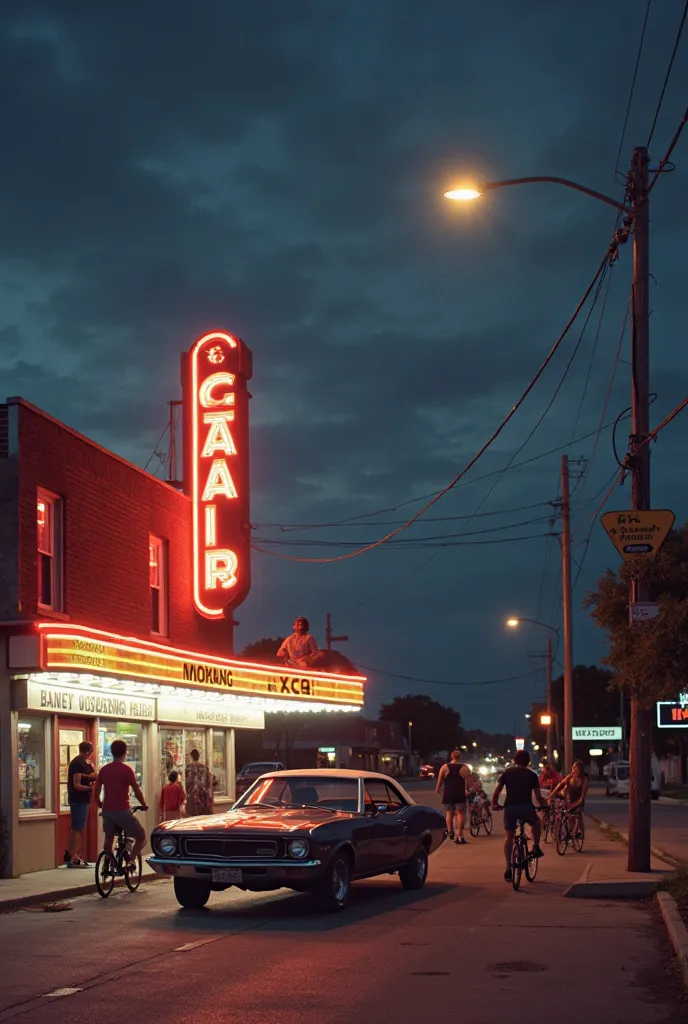 A warm 1980s summer night in a small American town, where s ride their BMX bikes under flickering streetlights. A group of agers sit on the hood of a vintage muscle car in the parking lot of a gas station, drinking soda and laughing under the buzzing glow ...