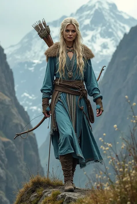  Valquiria Freyja tall woman, muy Bella, long blond hair, blue eyes, sexy, Nordic fantasy , He carries a bow in his hand with a cartridge of arrows on his back, walking through large Himalayan gorges,  great detail, masterpiece, Bella,  very beautiful