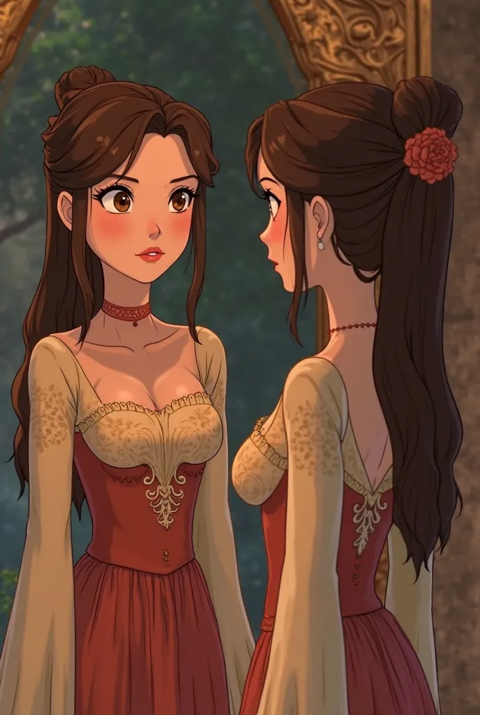  young woman, with slender brown hair and amber eyes, white skin wearing an exotic Victorian dress looking at each other in front of a reflection of a local. With animation in the Legend of Korra animation style