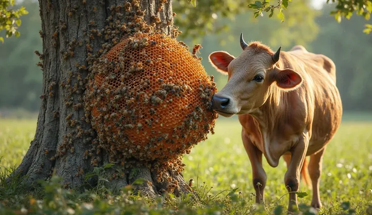 A surreal scene of a cow standing near a tree, interacting with a massive honeycomb. The honeycomb is attached to the tree, covered in thousands of bees crawling over it. Some bees are also on the cow's face and body. The cow eating the honeycomb, in backg...