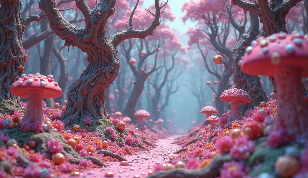 In cartoon 3D format, create a candy forest that causes fear that it is dangerous, Full of dangerous goodies 