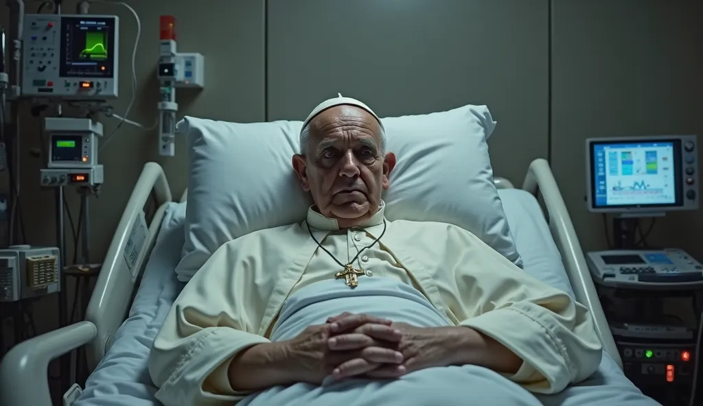 Generate an image of Pope Francis seriously ill in a hospital bed