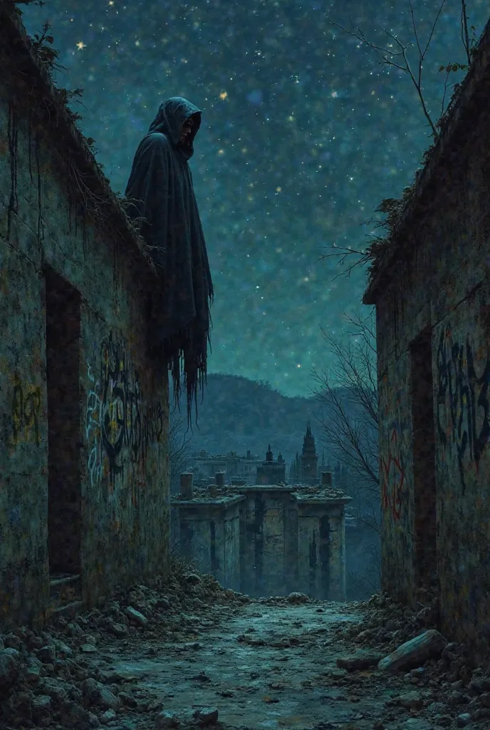 Night dark with sky showing on top of building with witch graffiti on walls very rugged and Gothic type of style with broken glass on ground night time