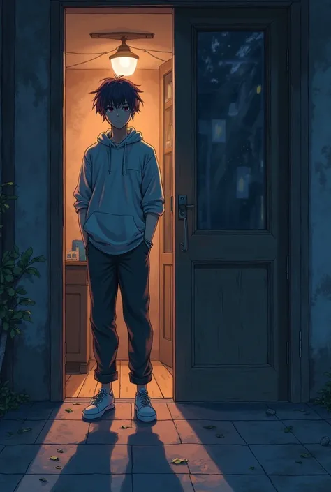  Anime style. The guy opens the door to the apartment late at night. He stopped at the doorstep 
