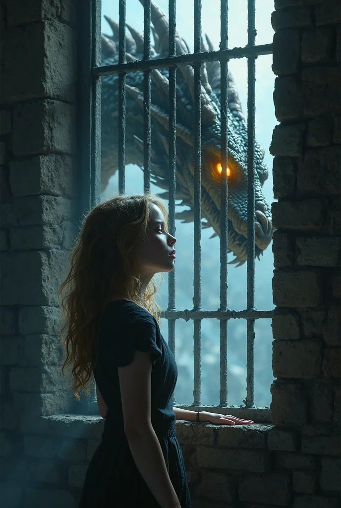 A girl in a very dark prison with a dragon in her window