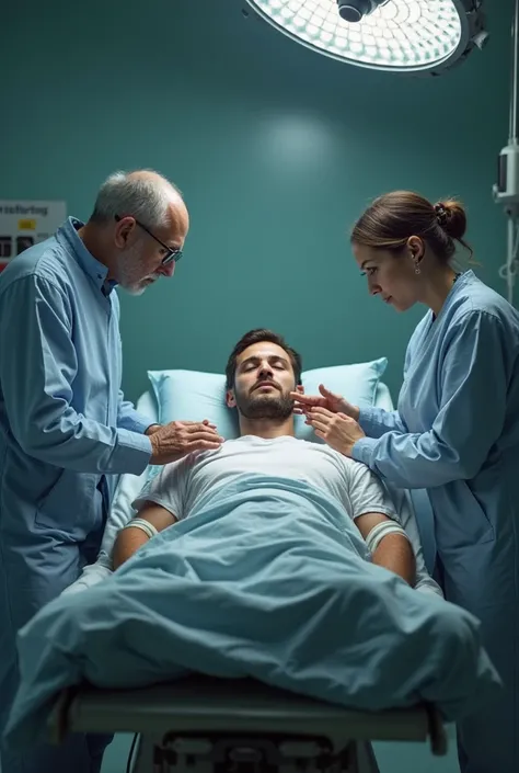 A patient on a stretcher in the middle with his eyes closed as if dead and on one side a doctor trying to save while talking on the phone without looking at the patient and on the other side a nurse worried about the patient shaking hands with the patient