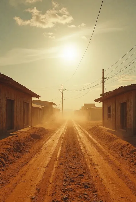 Vertical format, 70mm photorealistic, high-definition IMAX, with dramatic head-centred lighting. A sun-scorched dirt road cuts through a small rural village, dust rising under the oppressive midday heat. The vertical frame emphasizes the towering sky above...