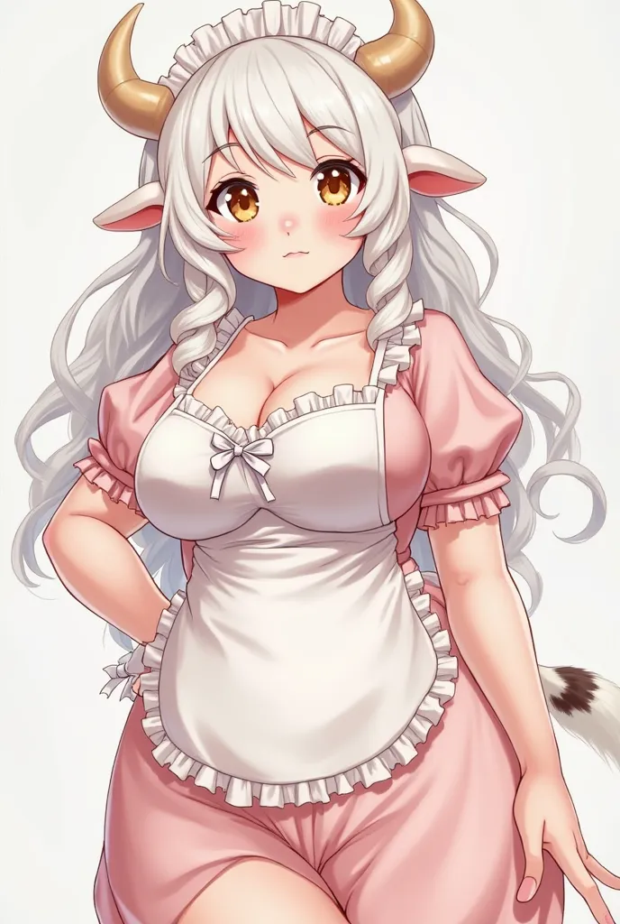 An anime-style woman, she has curly white hair, Saggy cow ears, small beige horns,  pale skin,  golden eyes. She is fat, with very large breasts,  very big thighs , And she has a cow's tail. She wears a light pink maid dress with white bows. She has a timi...