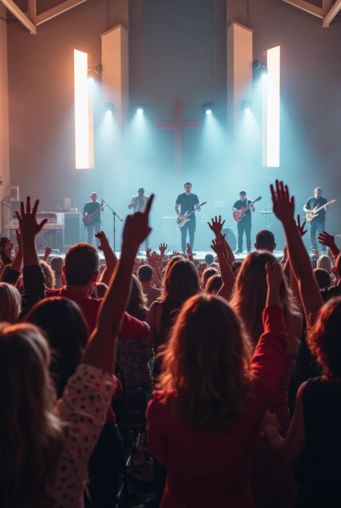 A worship band playing worship songs in a modern church without crosses
Pentecostal religious congregation raising their hands and celebrating with enthusiasm during a service.