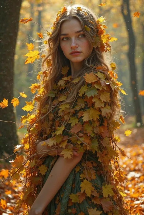 The girl decides to cover herself with leaves