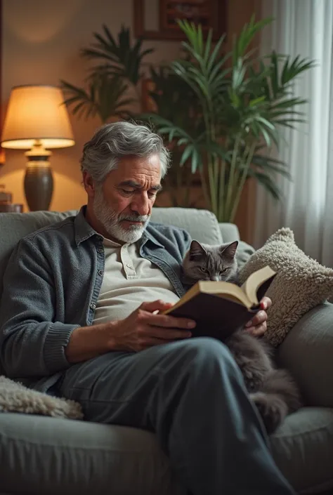 middle age man sitting on the couch reading a book with a grey cat curled up next to him