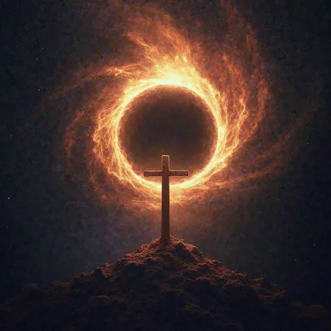  A design of a cross emitting light that is so intense it overpowers a black hole. colours may vary, the cross may be demolishing the black hole, flooding it with so much light even it's darkness can't compare to christ