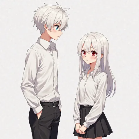 Adult boy and girl standing side by side, the guy on the left, and the girl on the right, anime. 
the guy on the left:  age 20 , height 190 centimeters, average build, hair color snow-white,  Eye color blood red, eyebrow and eyelash color white, wearing a ...